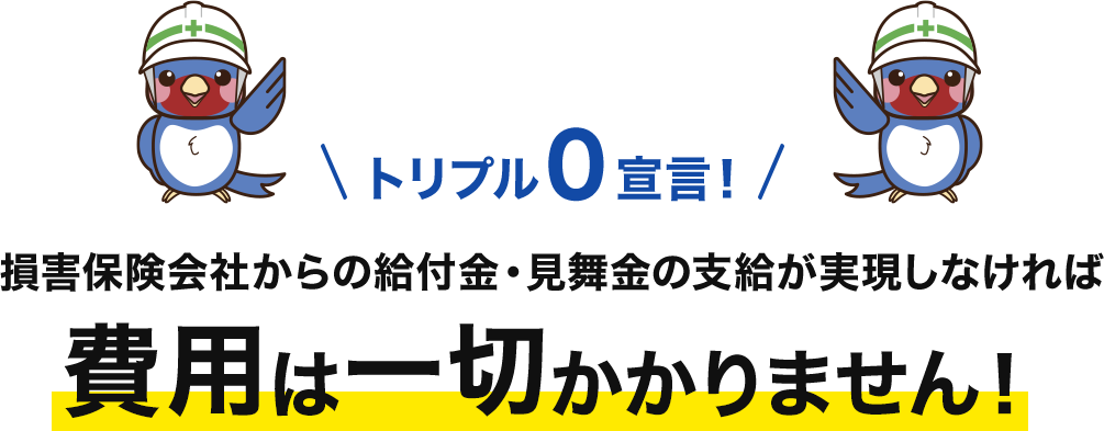 損害保険会社からの給付金・見舞金の支給が実現しなければ 費用は一切かかりません!